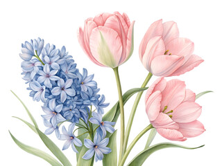 Hyacinth and tulips watercolor illustration. Isolated flowers PNG.