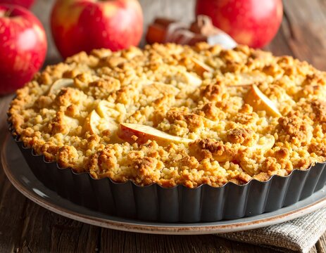 Close-up of baked apple crumble pie with fresh red apples