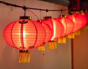 Diagonal photo of a cluster of red lanterns, perfect for Chinese New Year or festive holiday decorations, highlighting vibrant colors and a celebratory atmosphere
