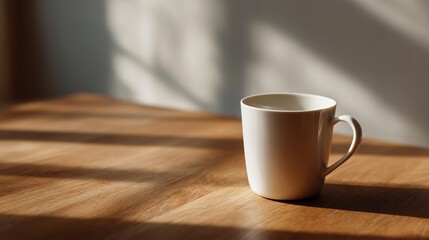 Obraz premium Warm coffee cup on a wooden table with sunlight shining through a window