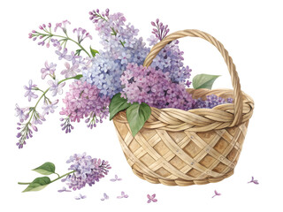 Lilac flowers in wicker basket illustration isolated on transparent background. Lilac flower PNG.