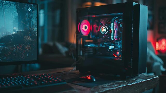 Gamer's Command Center: A sleek, high-performance gaming computer setup, radiating with vibrant RGB lights, sits ready for action on a wooden desk. Its components showcase cutting-edge technology.