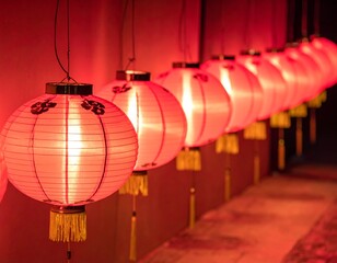 Diagonal photo of a cluster of red lanterns, perfect for Chinese New Year or festive holiday decorations, highlighting vibrant colors and a celebratory atmosphere