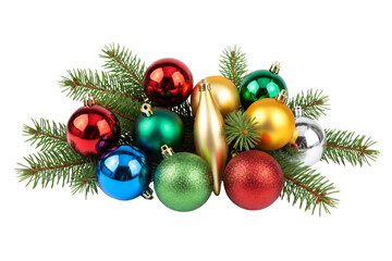 Collection of colorful christmas ornaments and pine branches on black background