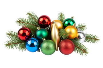 Collection of colorful christmas ornaments and pine branches on black background