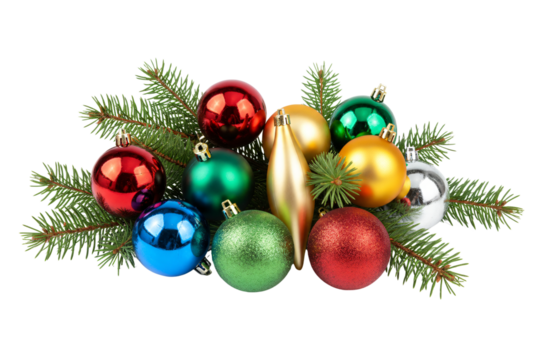 Collection of colorful christmas ornaments and pine branches on black background
