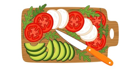 Illustration of fresh tomato, mozzarella, and avocado slices being prepared on a wooden cutting board with a knife for a healthy salad