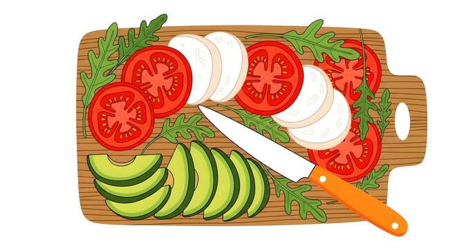 Illustration of fresh tomato, mozzarella, and avocado slices being prepared on a wooden cutting board with a knife for a healthy salad