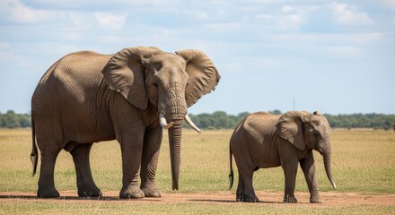 Majestic african elephants sauntering through the expansive savannah under a cloudy skyline