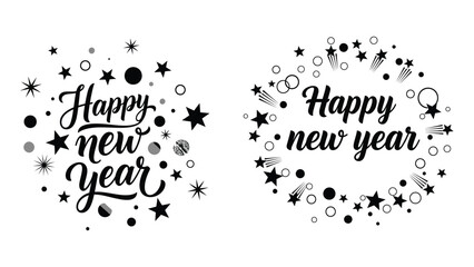 Obraz premium Festive hand lettered happy new year greetings surrounded by stars and confetti