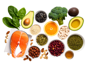 A variety of healthy foods including salmon, fruits, vegetables, nuts, seeds, and legumes arranged together for a nutritious meal