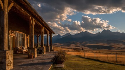 Obraz premium A grand farmhouse with a steep roof and wooden columns standing tall against a backdrop of distant mountains
