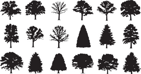 Diverse Tree Silhouettes: A collection of various tree silhouettes, showcasing diverse shapes and forms, providing a rich selection for design and illustrative purposes.