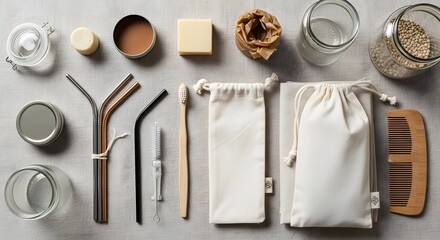 Zero waste personal care items arranged on neutral background sustainable living