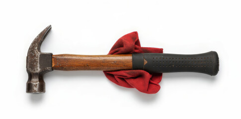 Rusty hammer with a red cloth wrapped around it on white backgro