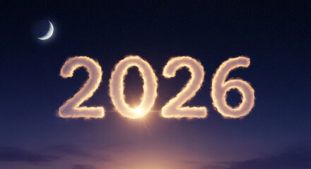 The year 2026 depicted in fluffy white clouds against a twilight sky with a crescent moon and twinkling stars, symbolizing a hopeful and dreamy future