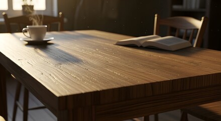 Steaming cup of coffee and an open book resting on a rustic wooden table bathed in warm morning sunlight with dust particles floating in the air