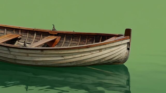 Weathered wooden rowboat floats on green water, reflection visible
