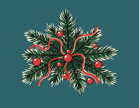 Christmas Centerpiece with Pine Cones, Evergreen Branches, and a Red Bow in Vintage Retro Style Illustration