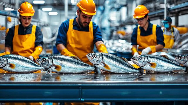 Workers in a Modern Fish Processing Plant Sorting Fresh Fish on a Conveyor