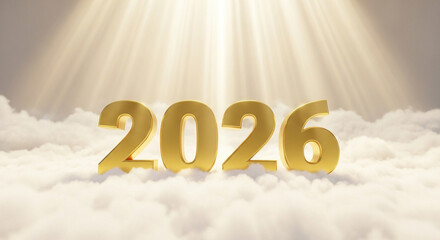 Golden year 2026 shining brightly amidst fluffy white clouds and radiant light beams, symbolizing a prosperous and divine future ahead