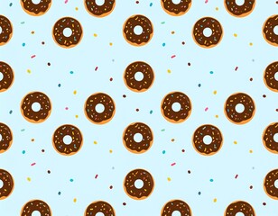 A fun illustration pattern of strawberry-chocolate–topped donuts scattered across a clean, blue solid background. Playful, colorful, and sweet design perfect for themed prints and packaging