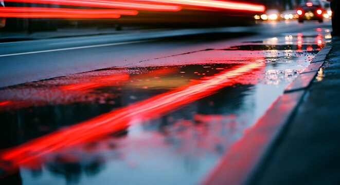 Nighttime city street with blurred red light trails from passing vehicles.