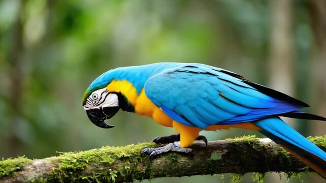 A blue and yellow macaw perched on a mossy branch with a blurred green background outside nature bird video