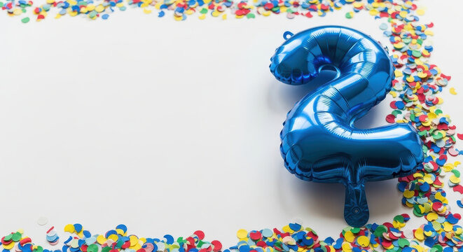 Blue number two balloon with colorful confetti border on white background