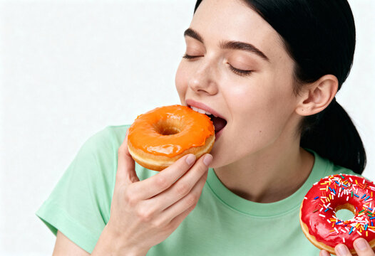 Woman eating colorful doughnuts with icing and sprinkles - Powered by Adobe