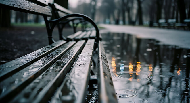 Rainy park bench reflecting the wet environment and surroundings. - Powered by Adobe