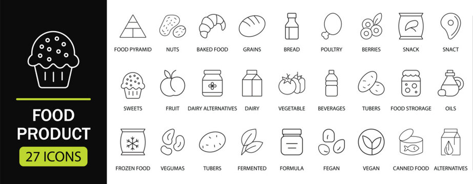 Food product line icon set. Featuring healthy eating, nutrition, organic produce, frozen items, and vegan options. Perfect for food delivery apps, restaurant menus, and grocery website.