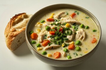 bowl filled with creamy chicken and vegetable soup