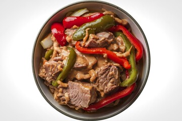 chunks of pork meat, mixed with vibrant bell peppers