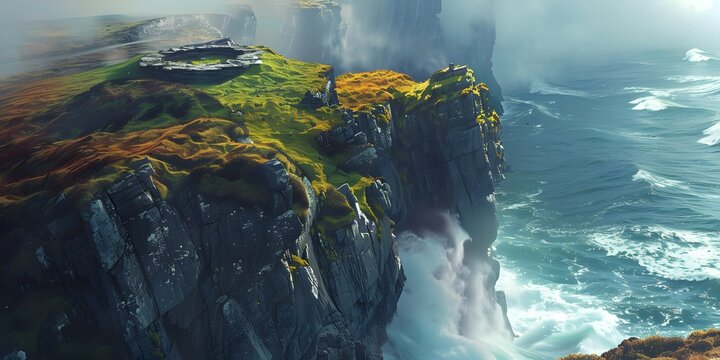 Dramatic sea cliffs battered by crashing waves under a misty sky