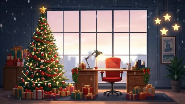 chrismas decoration with christmas tree in the office room. cartoon style. seamless looping time-lapse virtual video animation background.