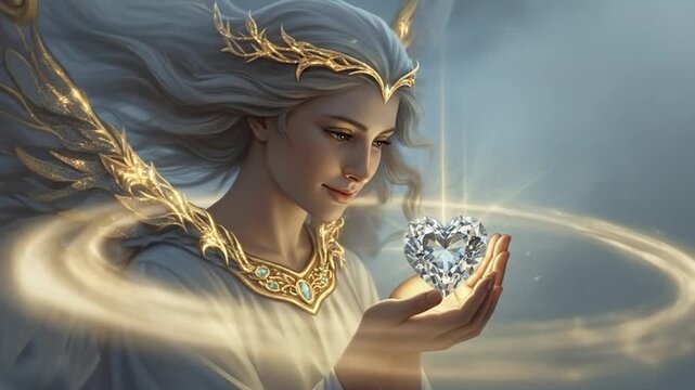 Serene Angel Holding a Heart-Shaped Diamond Emanating Radiant Energy Light