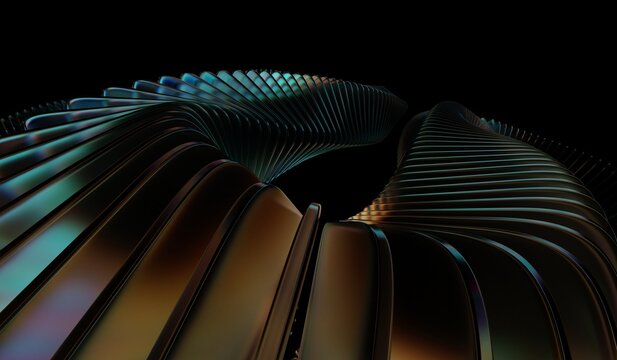 teal and orange caustic effect, abstract crystal pattern, 3D illustration showing black 3D background, neon light holographic gradient, and glass chromatic cube block shapes render.