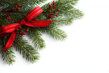christmas card frame with pine branches, a red ribbon, and decorations isolated on a white background.