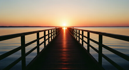 Obraz premium Wooden pier extending towards the horizon during a beautiful sunset.