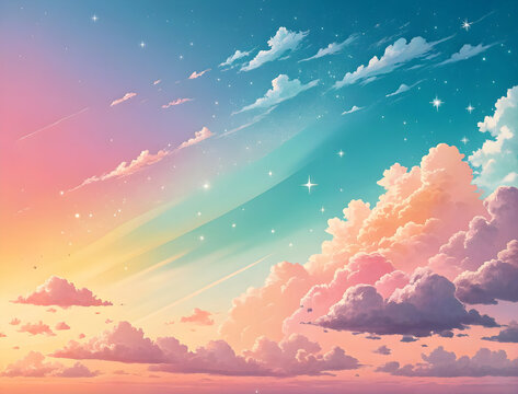 Ethereal fantasy sky background featuring vibrant pastel color gradients and illuminated fluffy clouds during sunset.