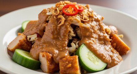 Traditional Rujak Cingur: Indonesian Salad with Spicy Peanut Sauce and Fresh Vegetables