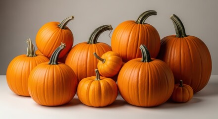 Obraz premium A group of vibrant orange pumpkins, symbols of autumn and harvest, arranged against a neutral background, perfect for fall themed designs