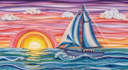Serene quilling seascape capturing a sailboat gliding under a vibrant pastel sunset handmade paper