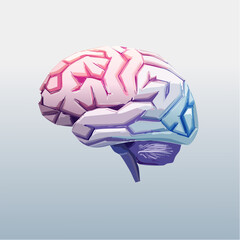 Stylized illustration of a human brain with vibrant gradient colors symbolizing thought and creativity, presented in a minimalist, low-poly art style