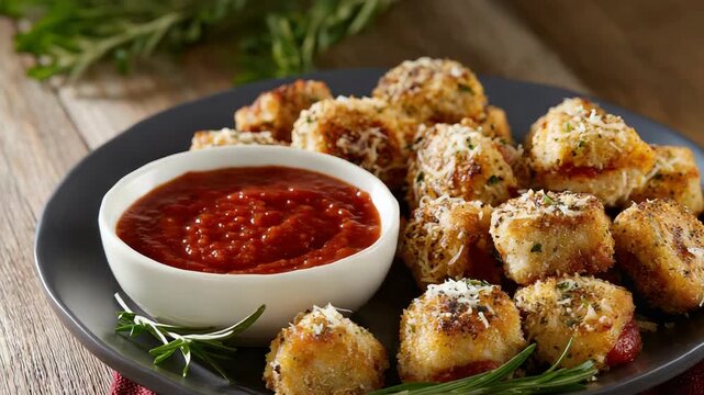 Crispy herbcrusted cauliflower bites with savory marinara dip on rustic platter
