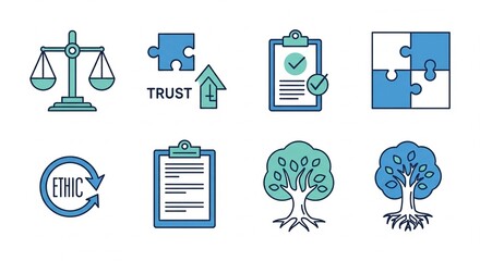 Compliance, trust, security and legal icons set, handshake, scale, certificate, checklist, eco leaf, global protection vecto