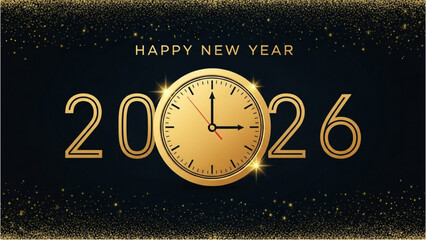 Happy New Year 2026 Celebration with Golden Clock and Glittering Background