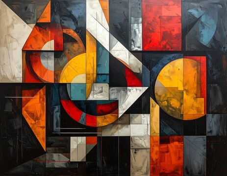 Geometric abstract artwork with angular shapes, bold colors, and a modern, artistic vibe