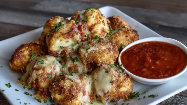 Savory cheesestuffed garlic bread delight with marinara sauce garnished with herbs